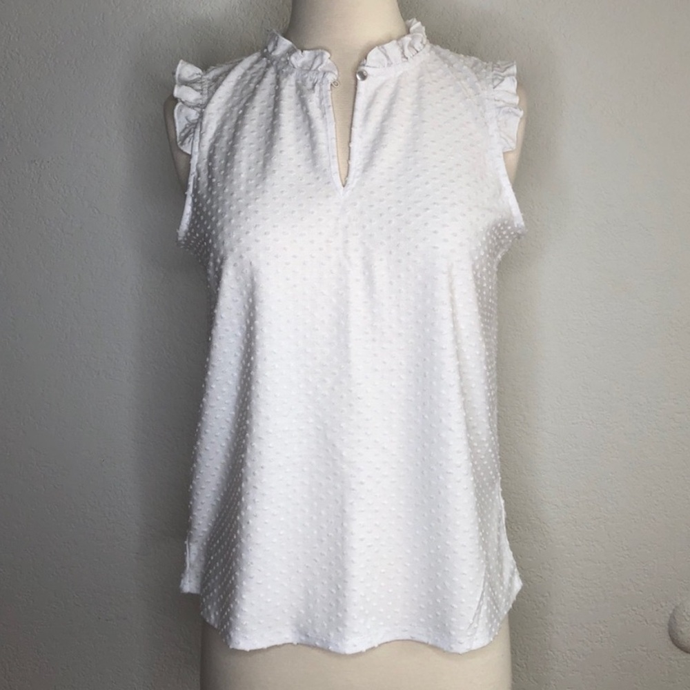 Adrianna Papell white textured sleeveless blouse ruffle neck S